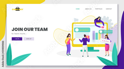 Business man and women working together to maintain the website on computer for Join Our Team concept based landing page design.