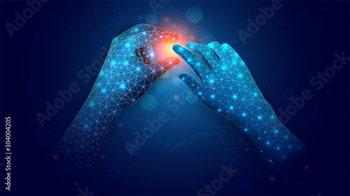 Hands is touching a virtual display on blue mesh network background for Digital Solution concept.