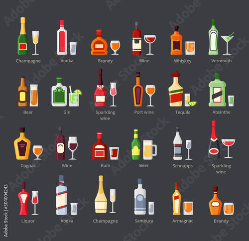 Various alcohol bottles with glasses flat icons set