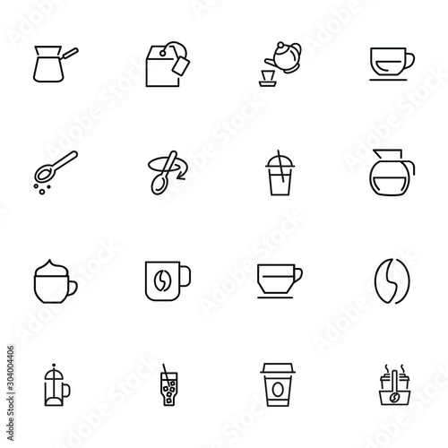 Drinks line icon set. Set of line icons on white background. Meal concept. Teapot, coffee, lemonade. Vector illustration can be used for breakfast, kitchen, cooking
