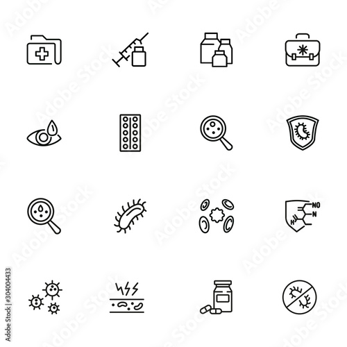 Drug and viruses icons. Set of line icons on white background. Syringe, bacteria, structure. Biology concept. Vector illustration can be used for healthcare, investigation