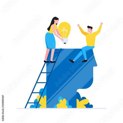 Teamwork concept with tiny people characters working together with big head  light bulb and tiny people characters. Teamwork and time management concept flat style design vector illustration isolated.