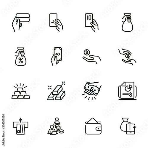 Fiscal system line icon set. Credit card, loan, investment, donation. Finance concept. Can be used for topics like money, charity, startup