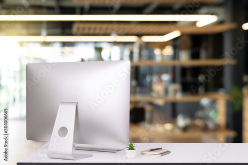 laptop monitor digital pc desk Workspace Keyboard,blank screen coffee cup on a table in bright office room interior,Stylish workspace with desktop computer