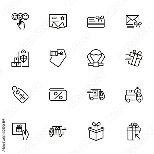 Gift transportation line icon set. Set of line icons on white background. Shopping concept. Shop, box, payment. Vector illustration can be used for topics like modern life, urban, comfort