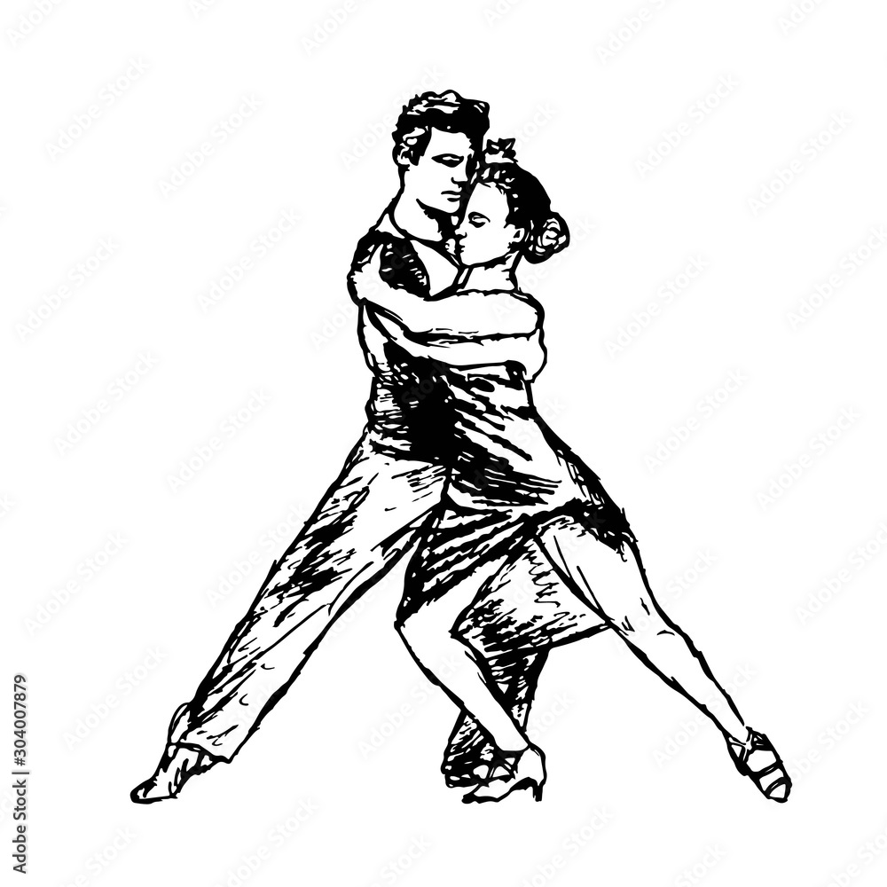 Fototapeta premium Dancing couple of people. Flat design, black line isolated on white. Vector image.