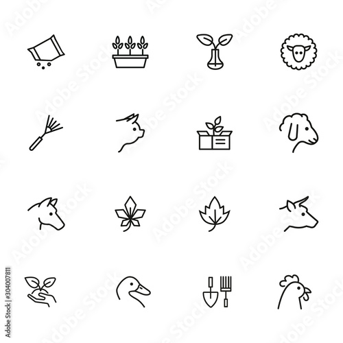 Household and nature icons. Set of line icons on white background. Animal, grocery, equipment. Housekeeping concept. Vector illustration can be used for topics like nature, homegrown