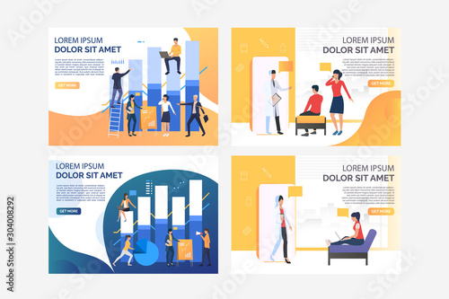 Analysts constructing diagrams set. Patients visiting doctor office. Flat vector illustrations. Business, analysis, consulting concept for banner, website design or landing web page