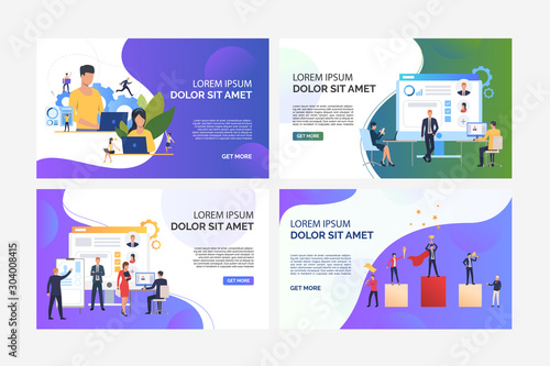 Analyzing employees set. Workers using computers, selecting candidates, standing on winners podium. Flat vector illustrations. Business, career concept for banner, website design or landing web page