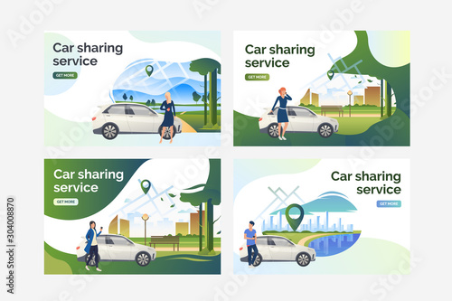 Car sharing service set. Drivers standing at vehicles outside and using cellphones. Flat vector illustrations. Transport, car rent concept for banner, website design or landing web page