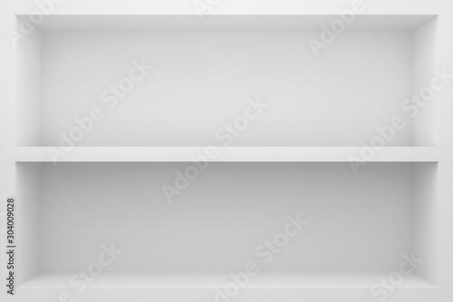 Front view of empty shelf on white table showcase and wall background with modern minimal concept. Display of backdrop shelves for showing. Realistic 3D render.