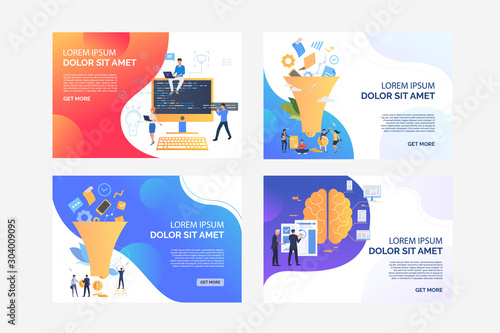 Digital data processing set. SEO experts filtering data, getting profit, programmers coding. Flat vector illustrations. Technology, marketing concept for banner, website design or landing web page