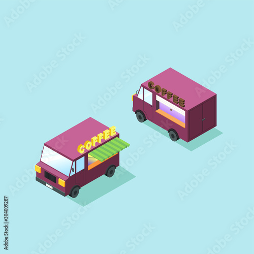 Vector isometric van car with coffee