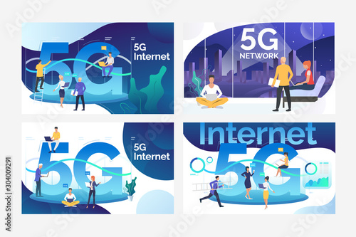 High speed connection set. Digital devices users using fifth generation network technology. Flat vector illustrations. Wireless internet concept for banner, website design or landing web page