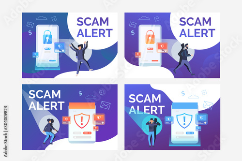 Scam alert set. Hacker attack, cyber criminal, digital device, antivirus. Flat vector illustrations. Technology, safety, data protection concept for banner, website design or landing web page