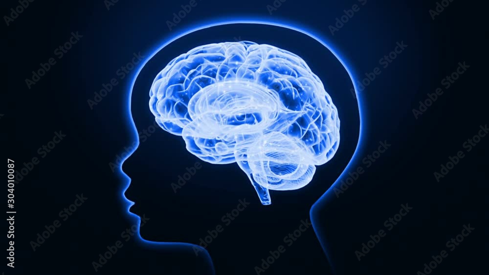 Human brain glowing in blue on dark background. Artificial intelligence concept. Camera Zoom in from child's brain to nerve fibers in the brain. Electric impulses. 3D Rendering Human brain glowing in blue on dark background. Artificial intelligence concept. Camera Zoom in from child's brain to nerve fibers in the brain. Electric impulses. 3D Rendering