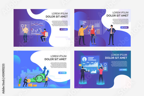 Virtual presentation set. Business partners in VR headset analyzing VR reports and profit. Flat vector illustrations. Business, analysis concept for banner, website design or landing web page