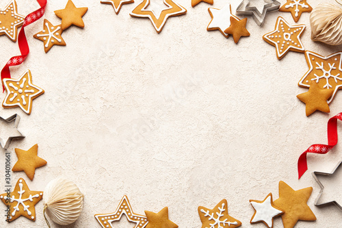 Christmas food background with traditional gingerbread cookies and Christmas decoration
