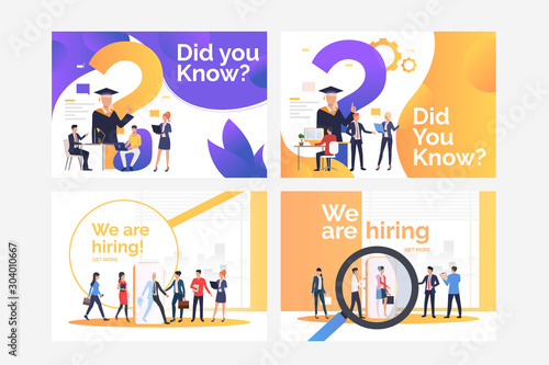 Collection of images with graduating people and people hiring. Education, future, job. Flat vector illustration. Career concept for banner, website design or landing web page
