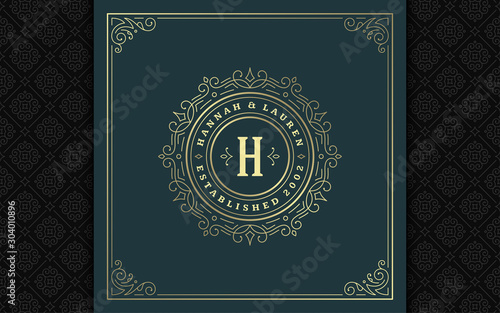 Vintage monogram logo elegant flourishes line art graceful ornaments victorian style vector template design