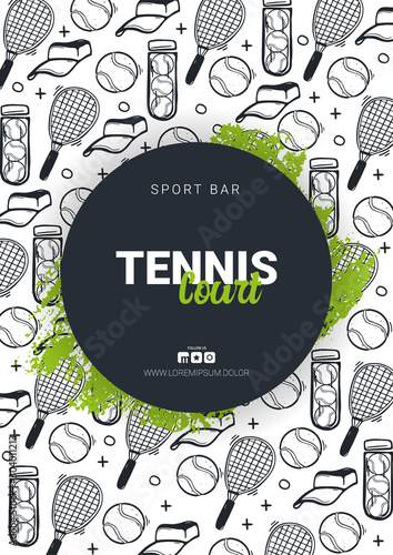 Tennis banner with hand draw doodle background.