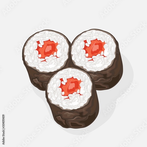 Japanese dish with tekkamaki sushi rolls. Piece of red raw tuna in vinegared rice wrapped around with strip of nori seaweed. Vector realistic illustration isolated on white background.