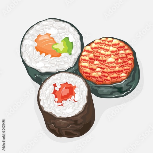 Tekkamaki, futomaki, ikura sushi rolls wrapped around with nori seaweed. Seafood order in japanese restaurant, take away bar. Vector realistic illustration isolated on white background.