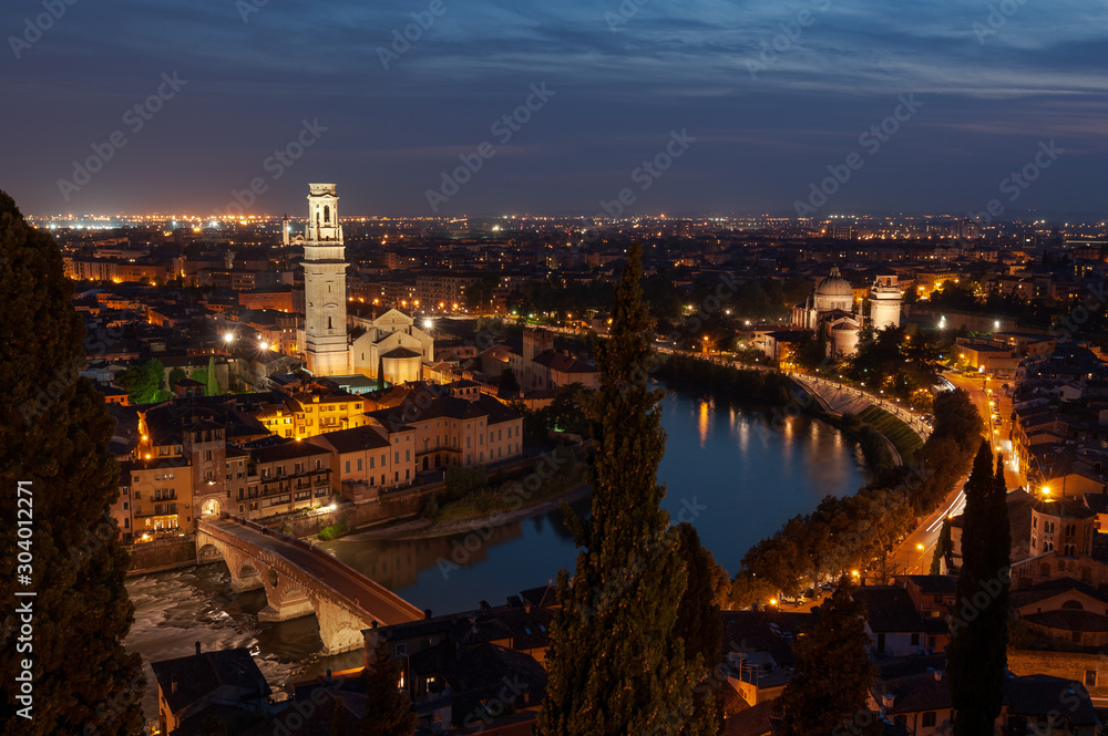 The skyline of the italian town Verona at night