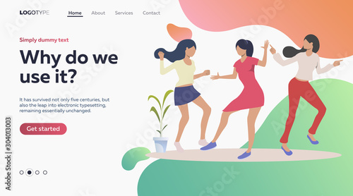 Flat vector illustration of girls dancing together at home. Pyjamas, music, leisure. Home party concept for banner, website design or landing web page
