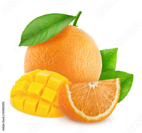 Composition with mix of fully ripened tropical fruits - mango and orange isolated on a white background with clipping path.