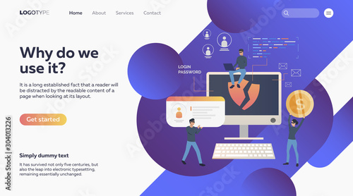 Group of people stealing finances and data. Vector illustration. Hacker, attack, information. Cybercrime and finance concept for banner, website design or landing web page