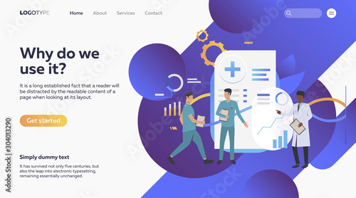 Group of physicians discussing medical issues. Healthcare, statistics. Flat vector illustration with medical concept for banner, website design or landing web page