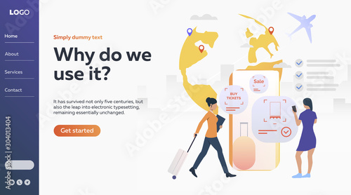 Illustration of woman booking ticket online and woman travelling. Trip, online purchase, vacation. Vector. Tourism concept for banner, website design or landing web page