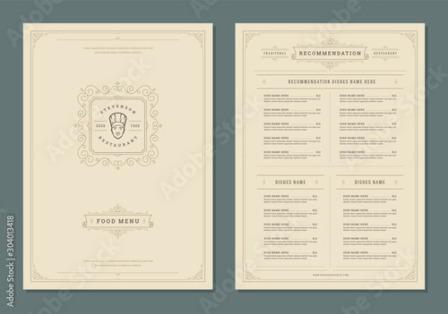 Restaurant menu design and label vector brochure template.