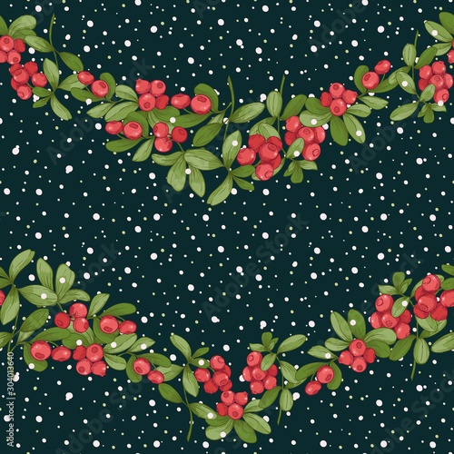 Cranberry and snow. Seamless pattern, background. Graphic drawing, engraving style. Vector illustration