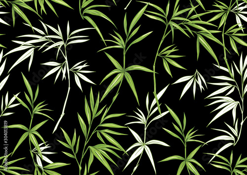 Tropical plants and flowers. Seamless pattern, background. Colored and outline design. Vector illustration isolated on black background