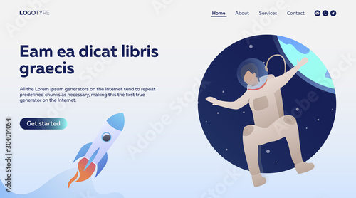 Cosmonaut in suit flying in space. Spacesuit, planet, helmet. Flat vector illustration with astronautics concept for banner, website design or landing web page