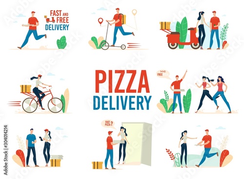 Pizza Delivery Service Flat Vector Concepts Set