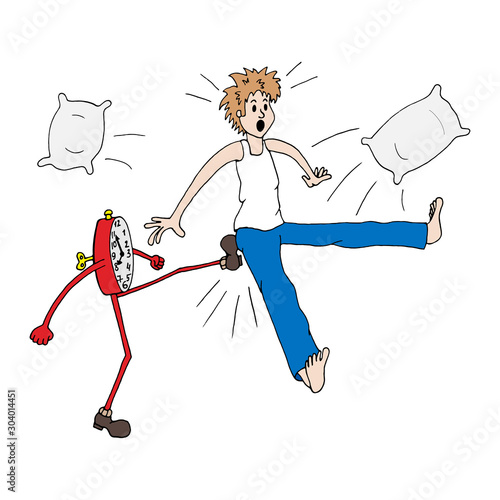 An alarm clock wakes a man to work early in the morning in a non-standard way. Give a kick. The man jumps out of bed in surprise and runs away from the alarm clock. Time to wake up.