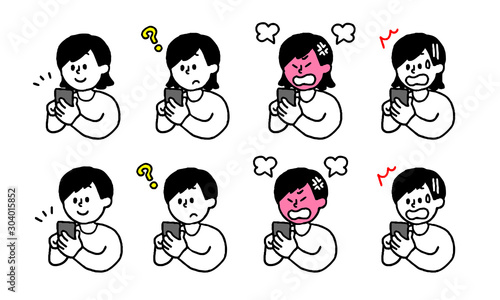 スマートフォンを操作する男性女性セット（シンプル）
