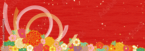 新年　松　紅白 梅　水引　生け花