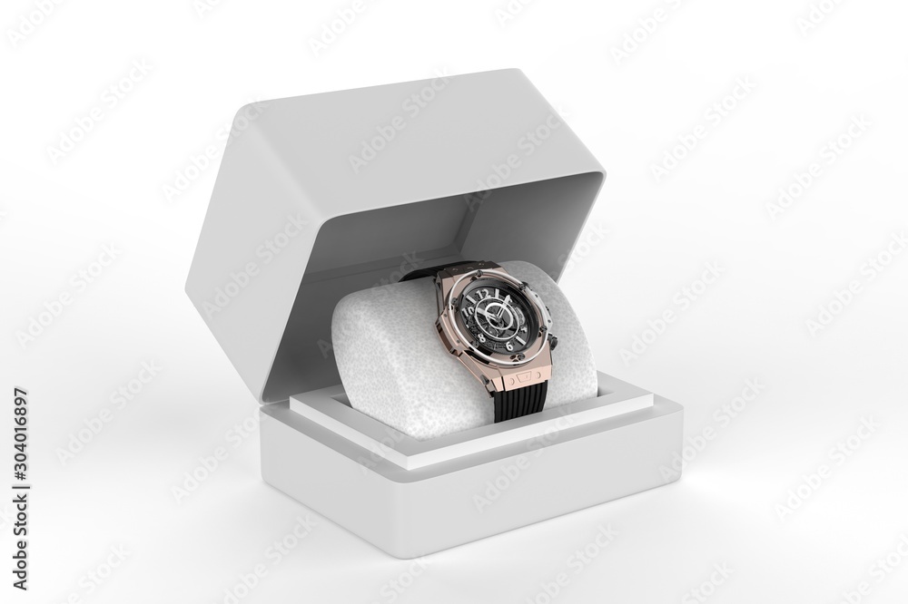 Luxury mens wristwatch displayed and packaged in a box. 3d illustration Luxury mens wristwatch displayed and packaged in a box. 3d illustration