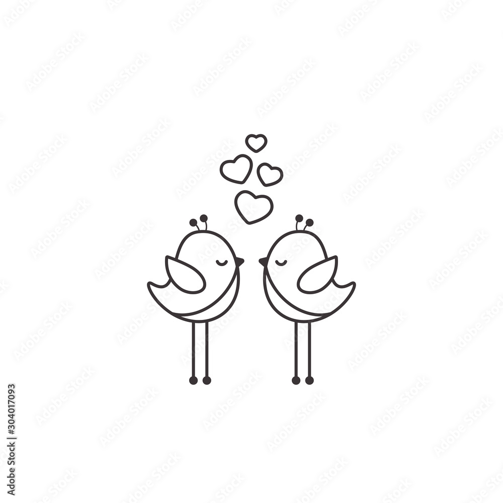 Fototapeta premium Two black outline cartoon birds with pink heart on white background. Saint Valentine vector illustration.