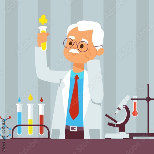 Old man scientist in lab, vector illustration. Grey haired professor doing laboratory research. Chemistry teacher conducting scientific experiment. Senior doctor character