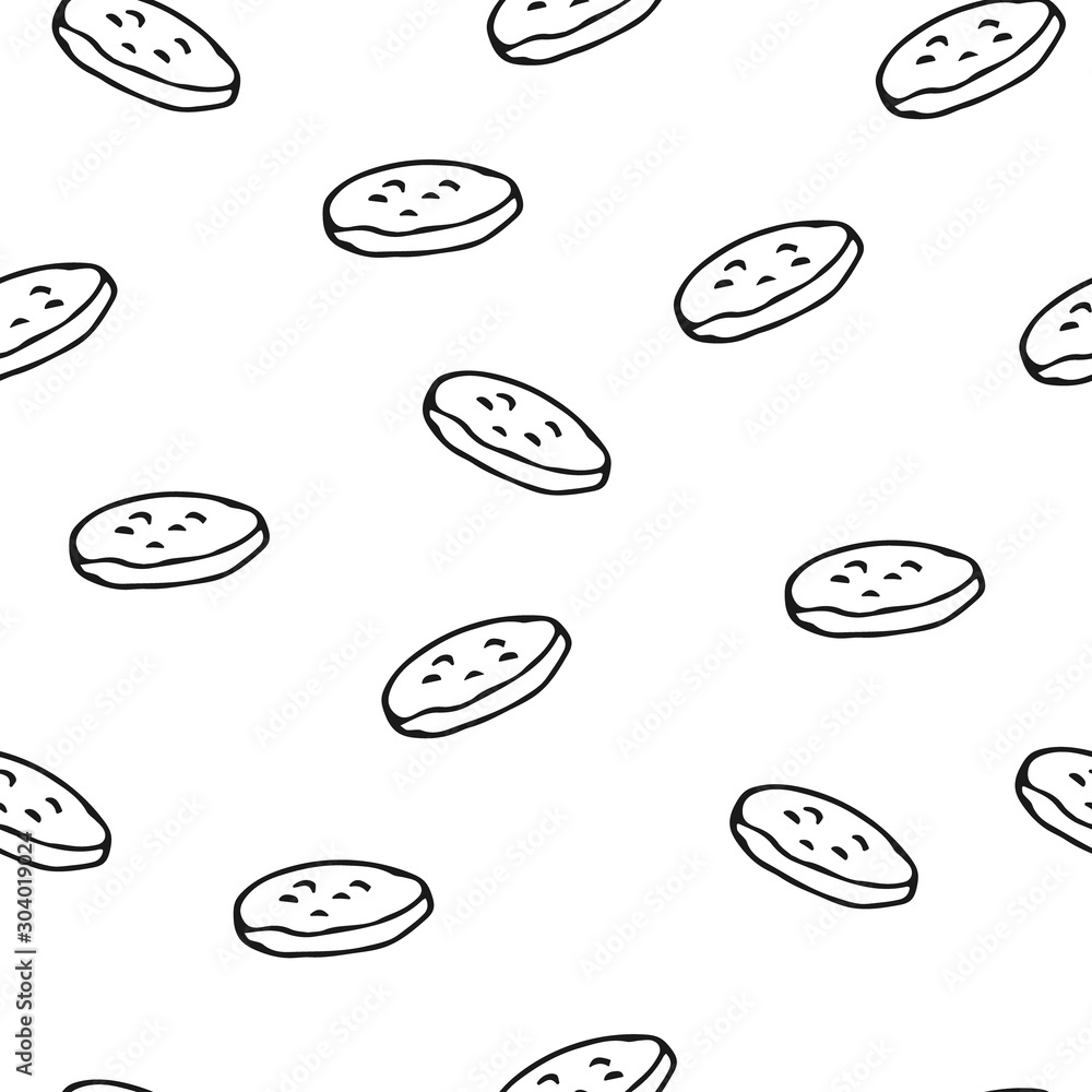 Vector seamless pattern with tasty cookies on white background. Great print  for fabric, wrapping papers, wallpapers, fabric, cover. Doodle style illustration in black ink, outline.