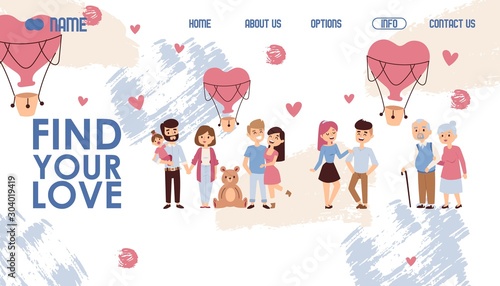 Dating website design, vector illustration. Find your love, landing page template with romantic couple cartoon characters. Search for partner, boyfriend or girlfriend online