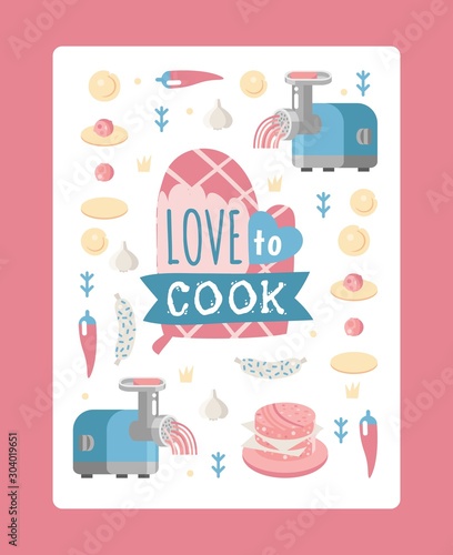 Kitchen poster, isolated icons of dumplings cooking steps, vector illustration. Flat style meat grinder, piece of dough, ingredient. Typography phrase love to cook