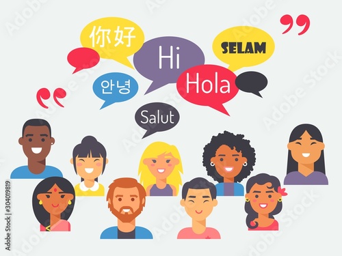 People speak different languages, vector illustration. Flat style portraits of men and women from around the world with speech bubbles. Learn foreign language