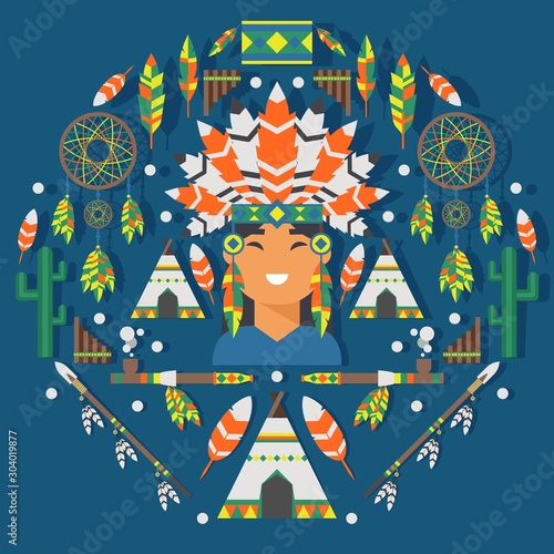 Native American flat style icons, vector illustration. Isolated symbols of American Indian culture, colorful feathers, traditional smoking pipe, teepee tent and dream catcher