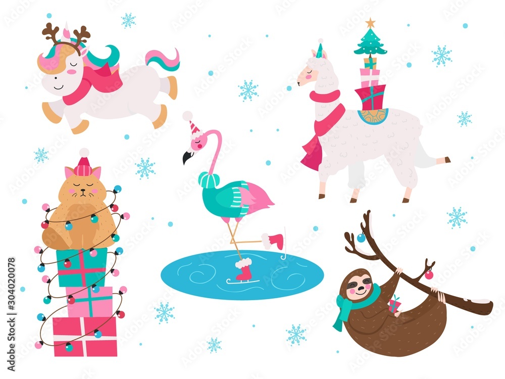 Christmas animals unicorn flamingo cat sloth collection vector illustration. Set of xmas characters wearing cozy and warm sweaters in winter snowy weather flat style design. Happy holidays concept Christmas animals unicorn flamingo cat sloth collection vector illustration. Set of xmas characters wearing cozy and warm sweaters in winter snowy weather flat style design. Happy holidays concept